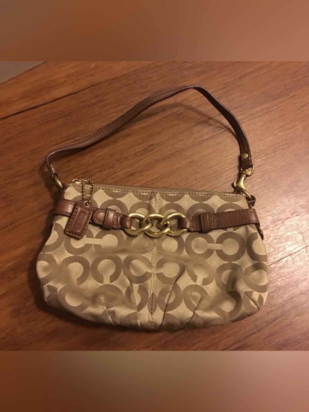 🤎COACH Tan Monogram Logo Wristlet with Gold Chain Accents